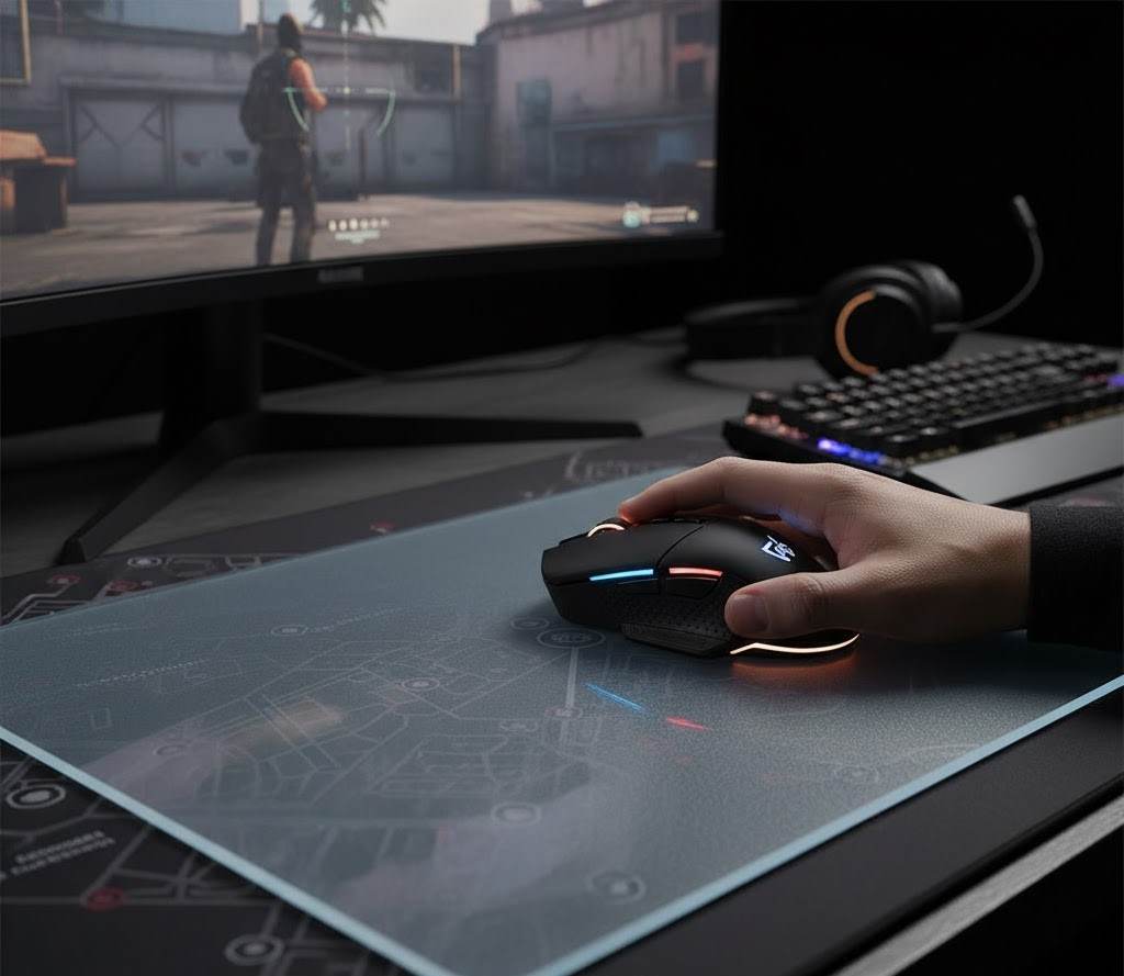A sleek glass mousepad with a gaming mouse, showcasing its smooth surface for fast FPS gameplay