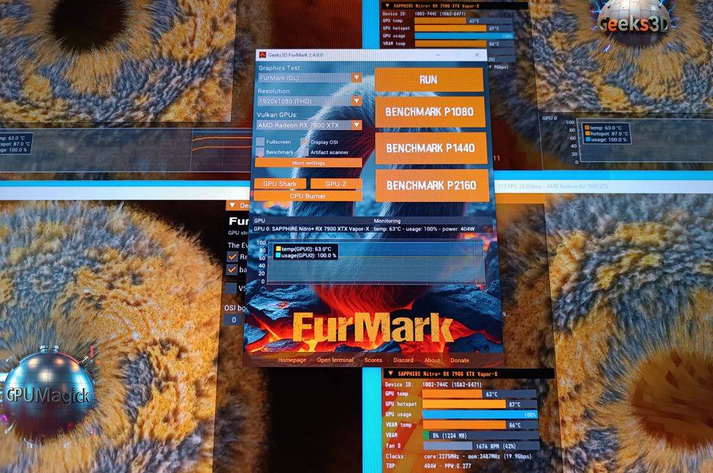 Screenshot of FurMark benchmark running with artifacts indicating potential GPU instability.