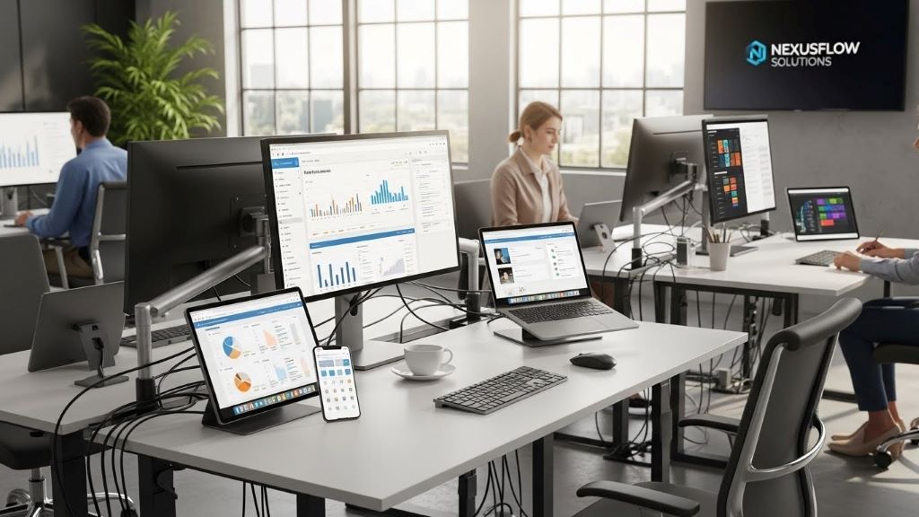Modern office workspace showing multiple devices connected through scalable business technology platform