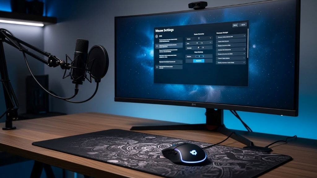 Professional gaming setup showing calibrated high-DPI mouse on mousepad with gaming monitor displaying settings menu