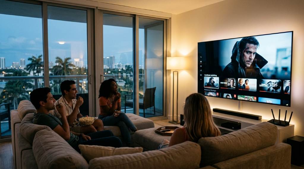 Mobile phone streaming movie on beach in Miami Florida
