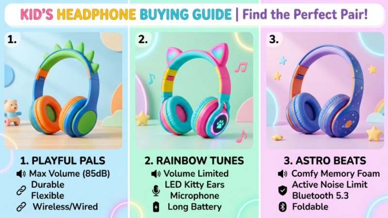 Three pairs of colorful affordable noise cancelling headphones for kids on a pastel background.