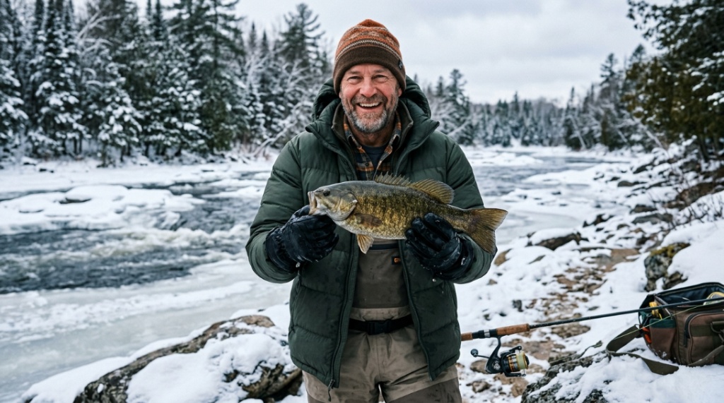 Angler wearing insulated thermal gloves holding a fish near an icy river.