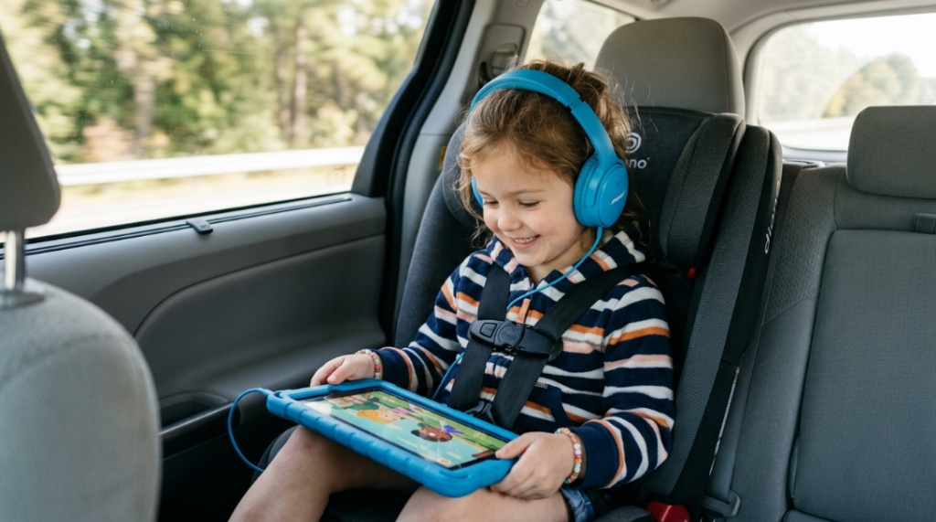 A young child wearing blue noise cancelling headphones while sitting in a car backseat.