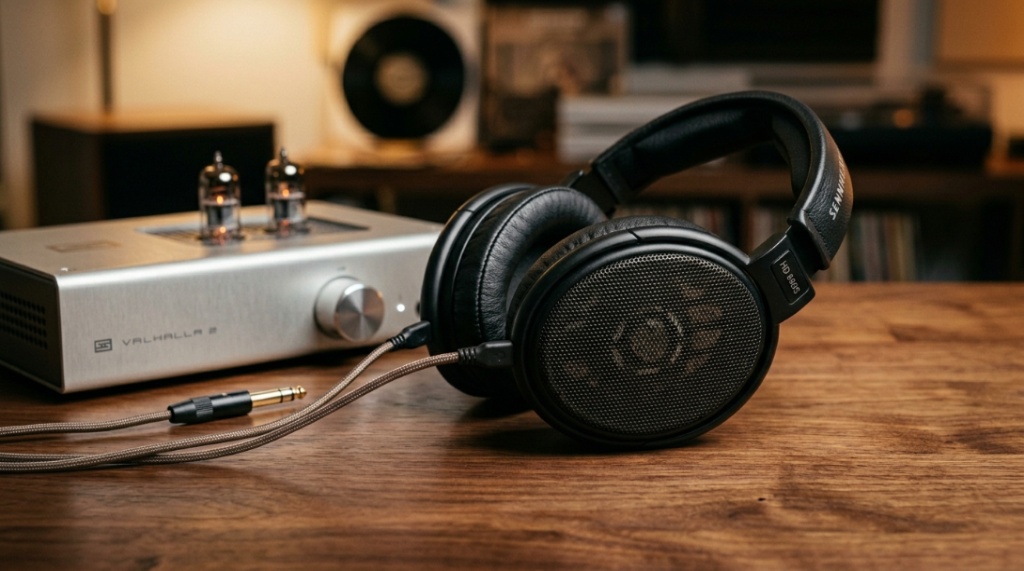 A person wearing high-end open-back headphones while adjusting a high-resolution digital audio player.