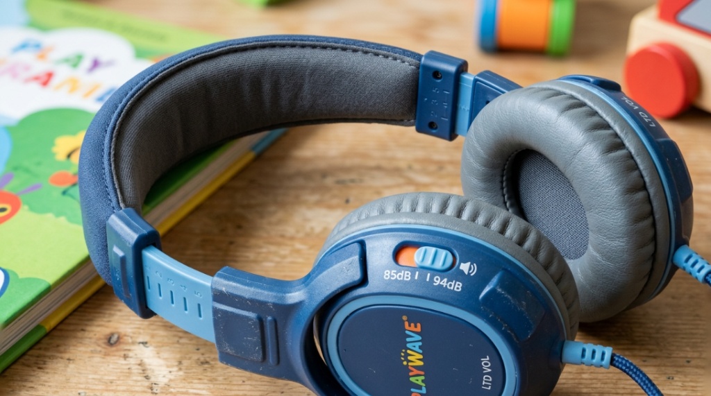 Close-up of cushioned ear cups and volume limiting switch on children's headphones