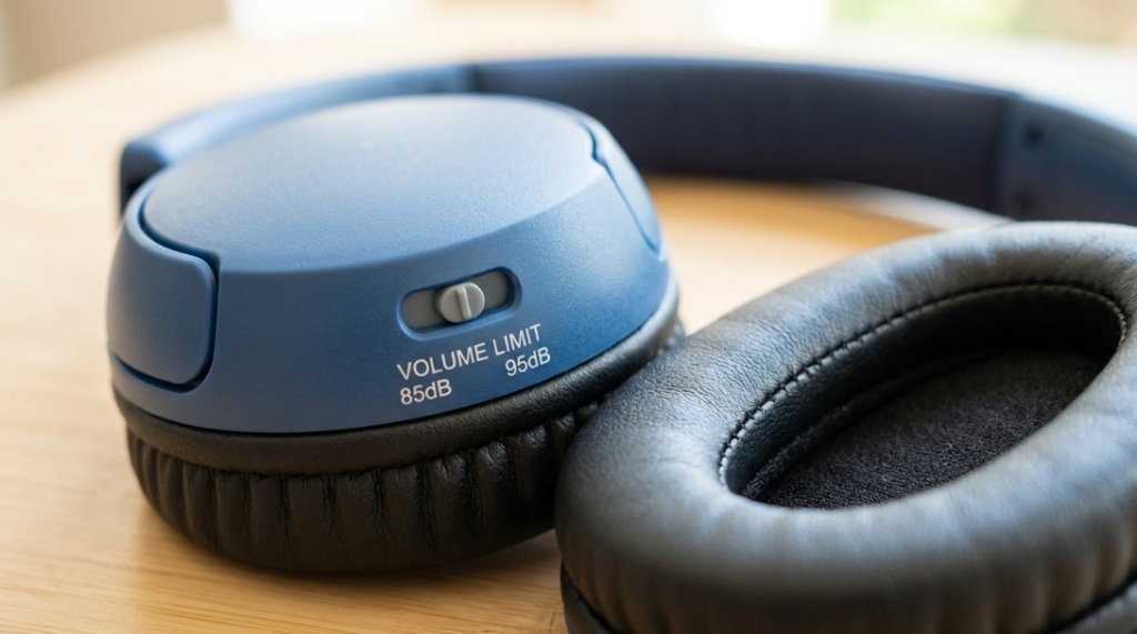 Pair of blue foldable kids headphones resting inside a compact protective travel case.