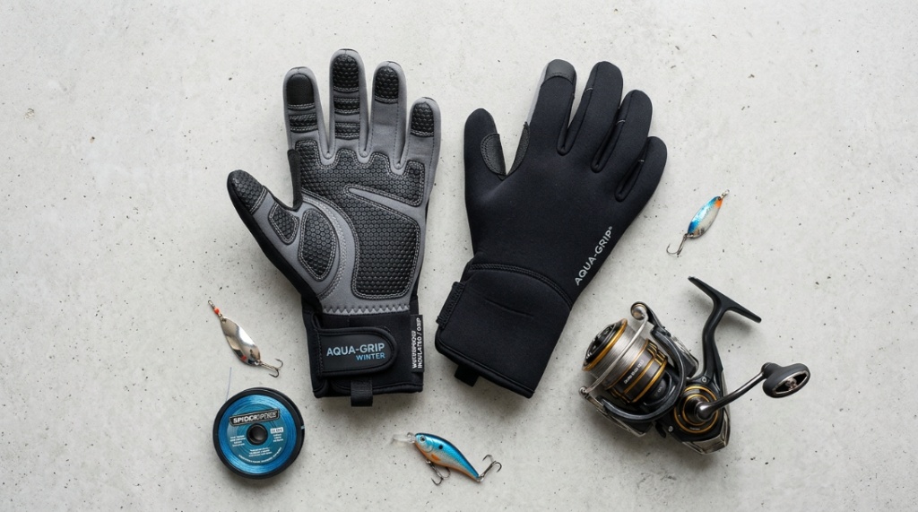 Neoprene winter fishing gloves featuring a textured rubber palm grip on a wooden dock.