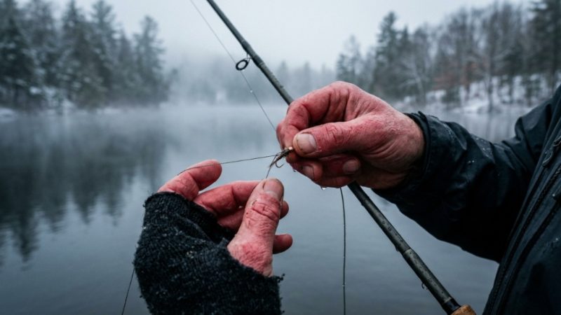 Bare frozen hands struggling to tie a fishing line on a cold winter lake.