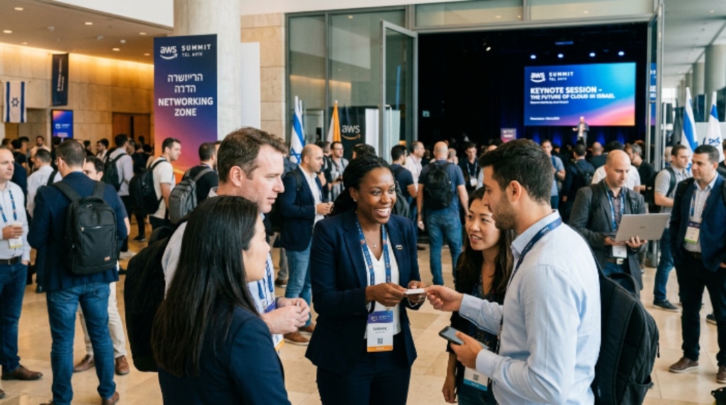Cloud professionals networking at an AWS Summit keynote session in Tel Aviv