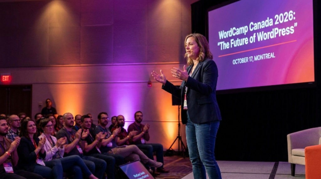 Speaker presenting on stage at WordCamp Canada 2026 conference