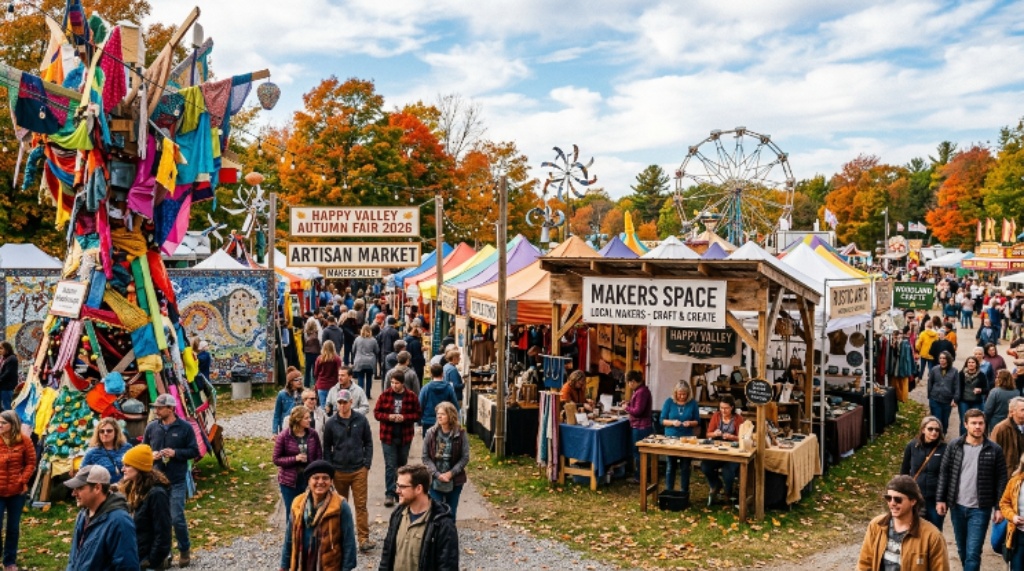 Colorful art installations and maker booths at the Happy Valley fairgrounds during the 2026 autumn event