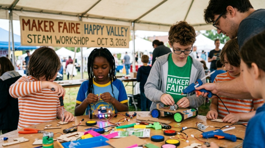 Children participating in a hands-on STEAM workshop at Maker Faire Happy Valley on October 3 2026