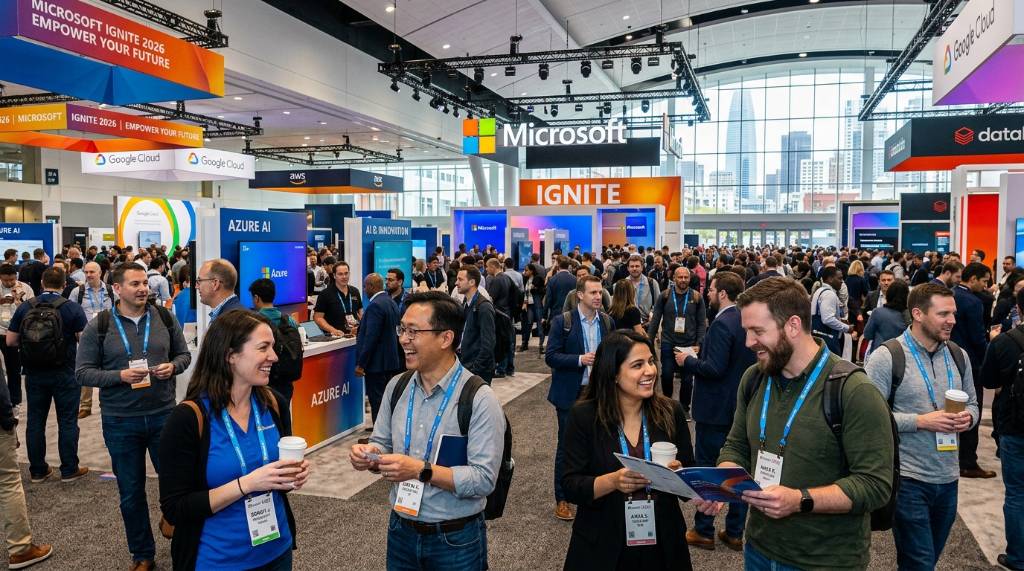 Attendees networking at Microsoft Ignite 2026 technology conference expo hall in San Francisco