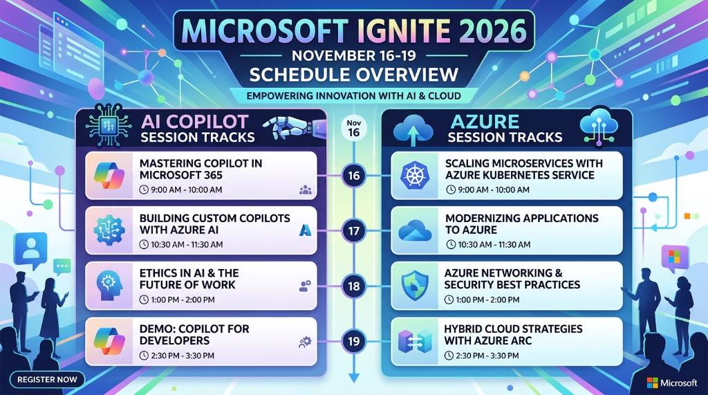 Microsoft Ignite 2026 schedule overview showing AI Copilot and Azure session tracks at November event