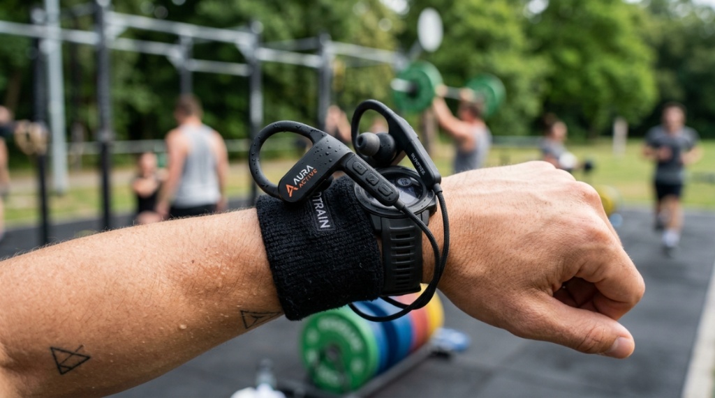 Close-up of sweat-resistant sports headphones resting on a runner's wrist.
