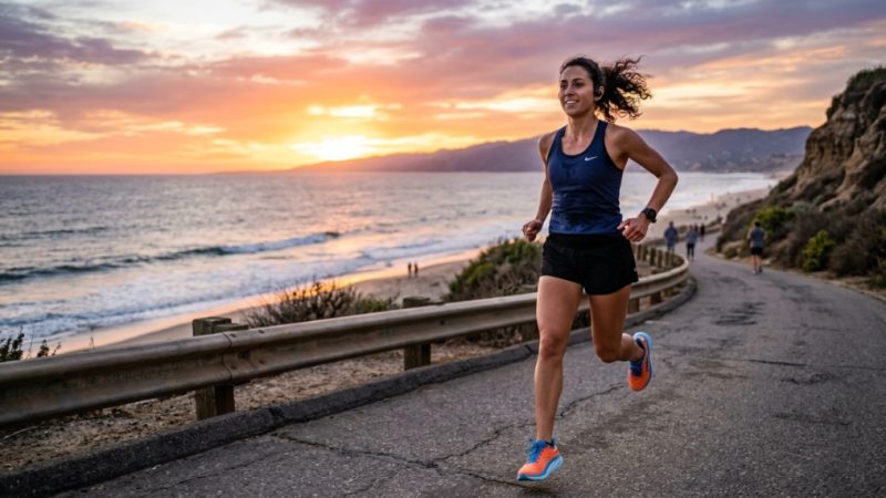 Runner jogging along a scenic California coastline wearing wireless sports headphones.